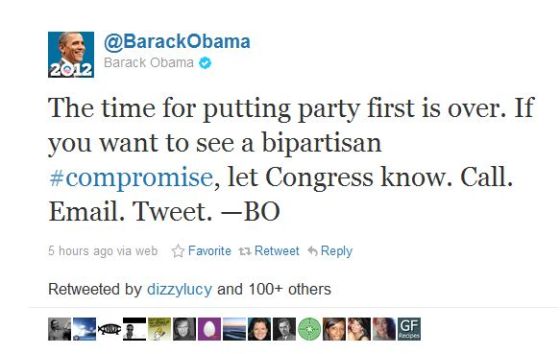 Photo taken from blogworld. When signed with "BO" the tweet is coming directly from Barack Obama.
